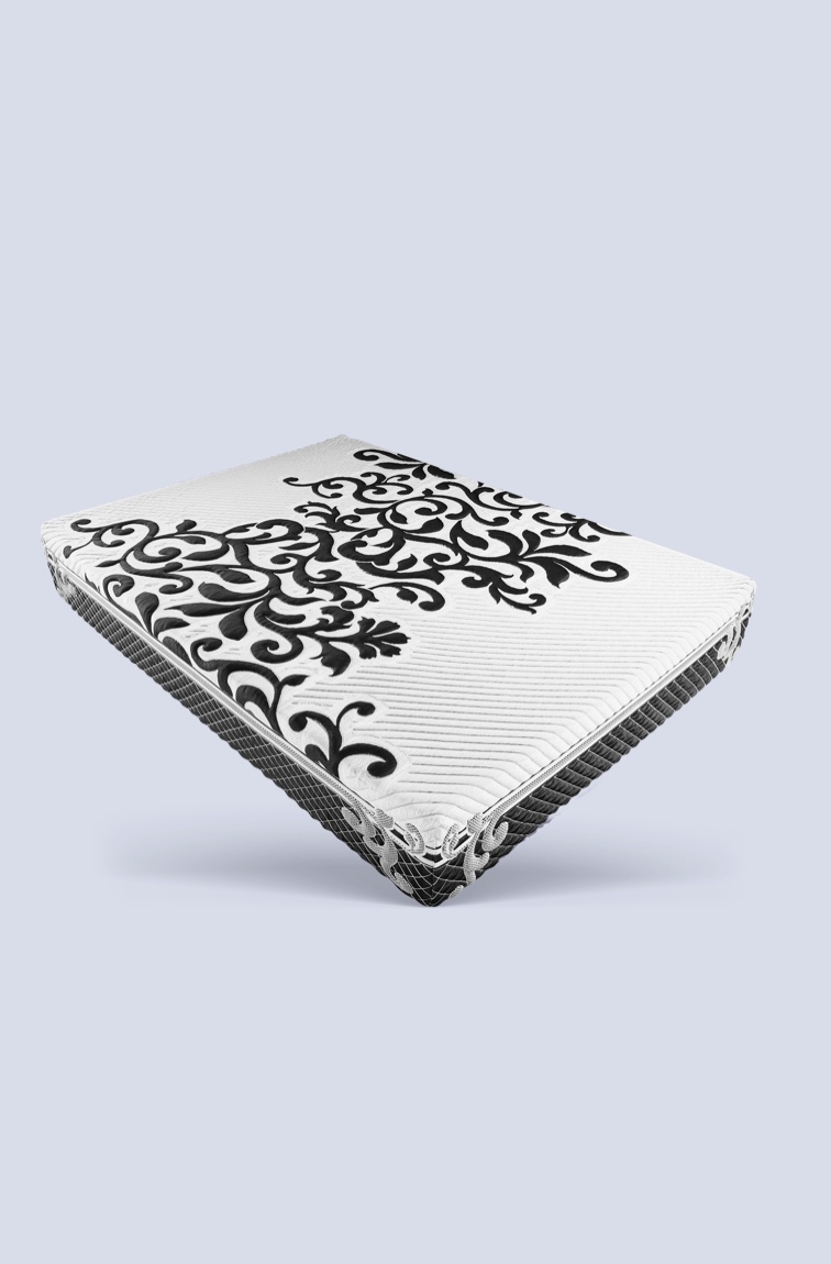 Mattress with black flower mattress cover on white and grey background