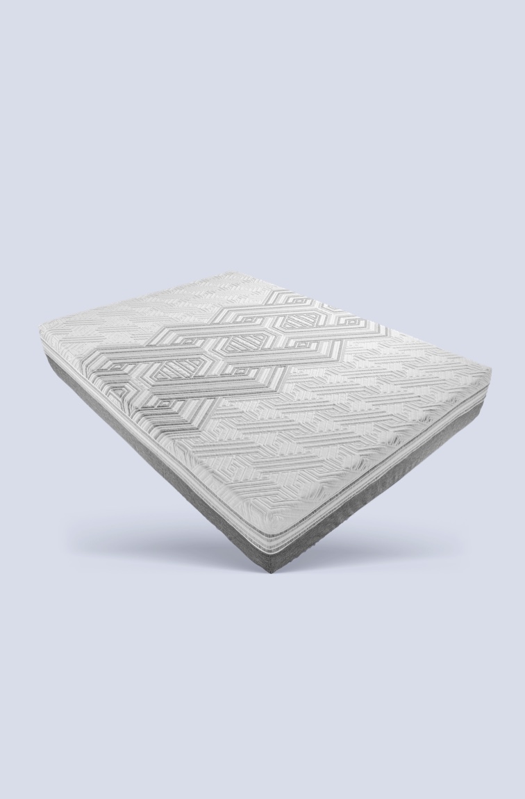 Mattress with woven mattress cover on white and grey background