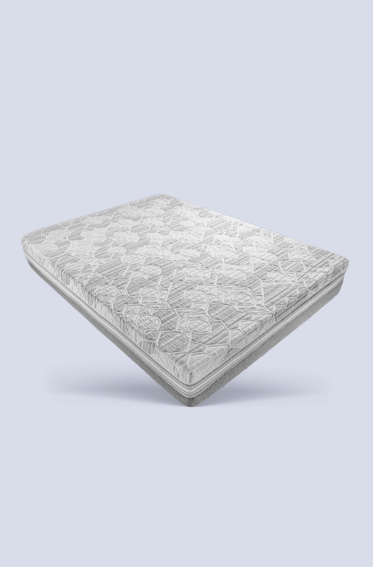 Mattress with mattress cover on white and grey background